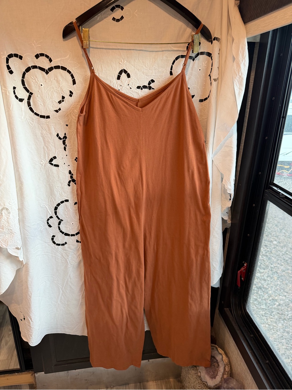 Coyuchi Solstice Organic Cotton Wide Leg Romper Jumpsuit Rust Small Yoga Soft — image 3 of 8